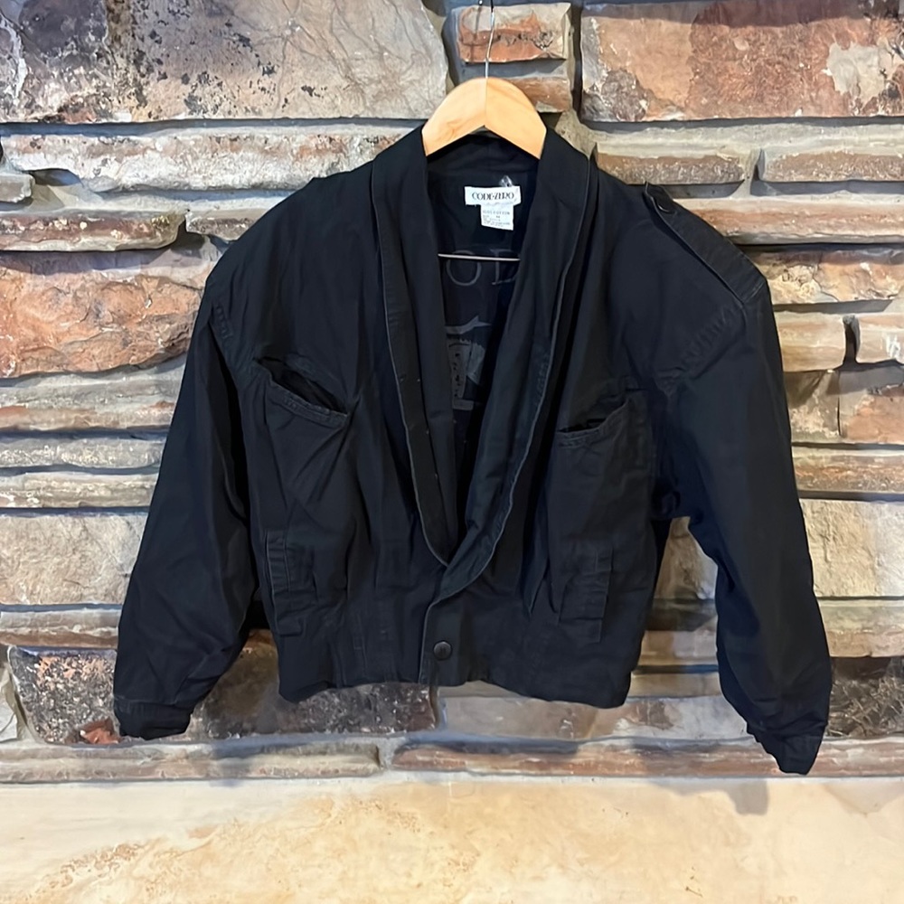 Vintage Code Zero Black Cotton Bomber Jacket Two Button Blazer Style